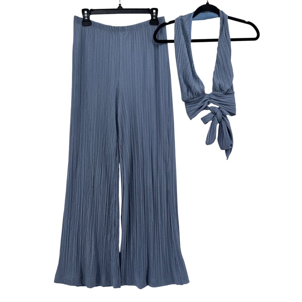 Fashion Nova Womens Two Piece Set Halter‎ Crop Top Wide Leg Pants Blue Grey